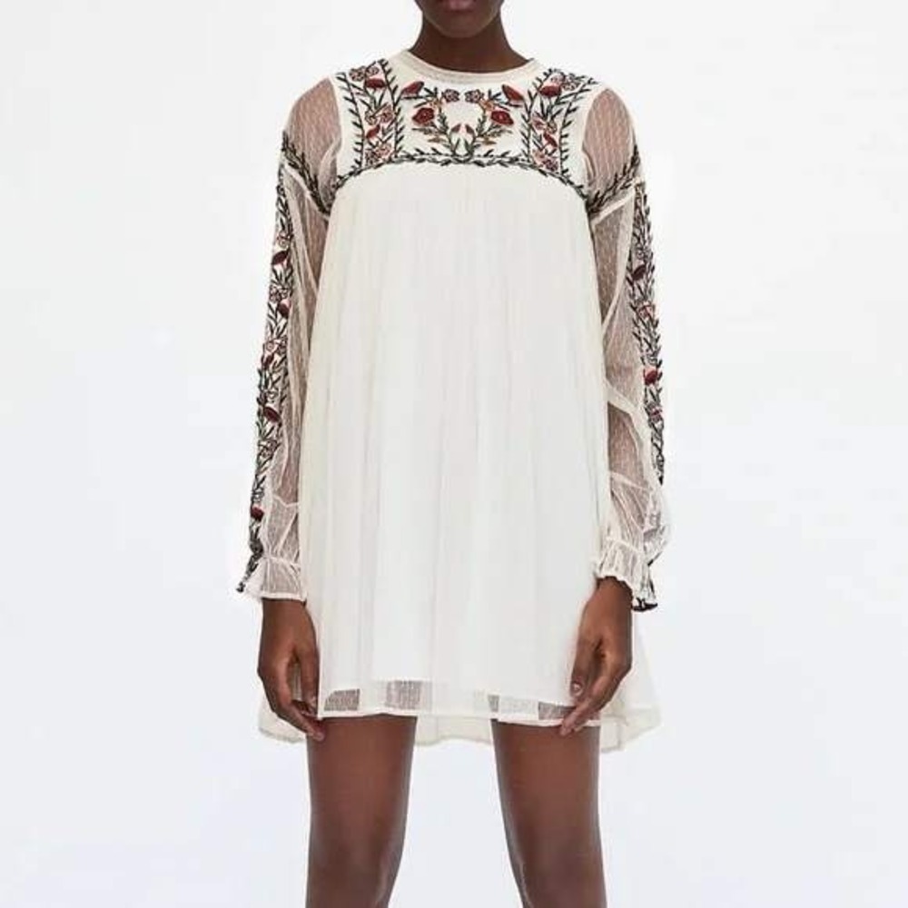 Zara Embroidered Mini Dress Womens Small White Boho Mesh Tassel Babydoll